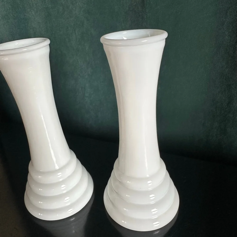Vintage Randall White Milk Glass Bud Vases, Beehive Ringed BaseSet of 2